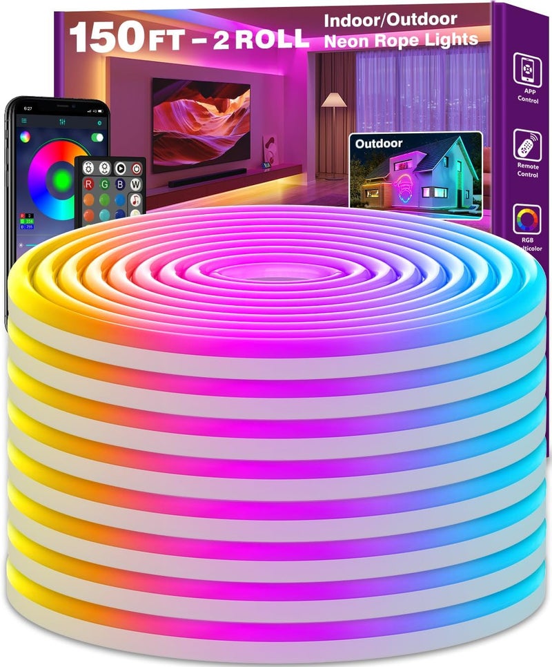Sinley Led Neon Rope Lights 150FT,Control with App/Remote,Flexible Led Rope Lights,Multiple Modes,IP68 Outdoor RGB Neon Lights Waterproof,Music Sync Gaming Led Strip Lights for Bedroom Indoor - Image 1